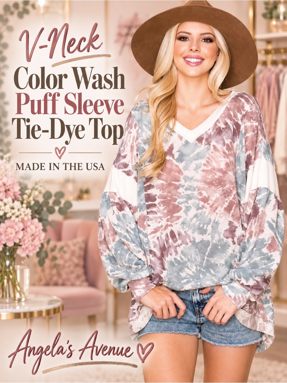 V Neck Color Wash Puff Sleeve Tie Dye Top NEW